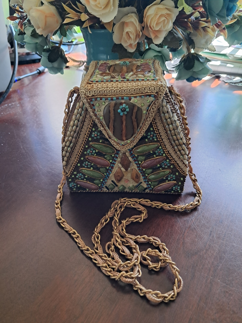 Authentic Mary Frances Beaded Pyramid Evening Clutch in Turquoise & Gold